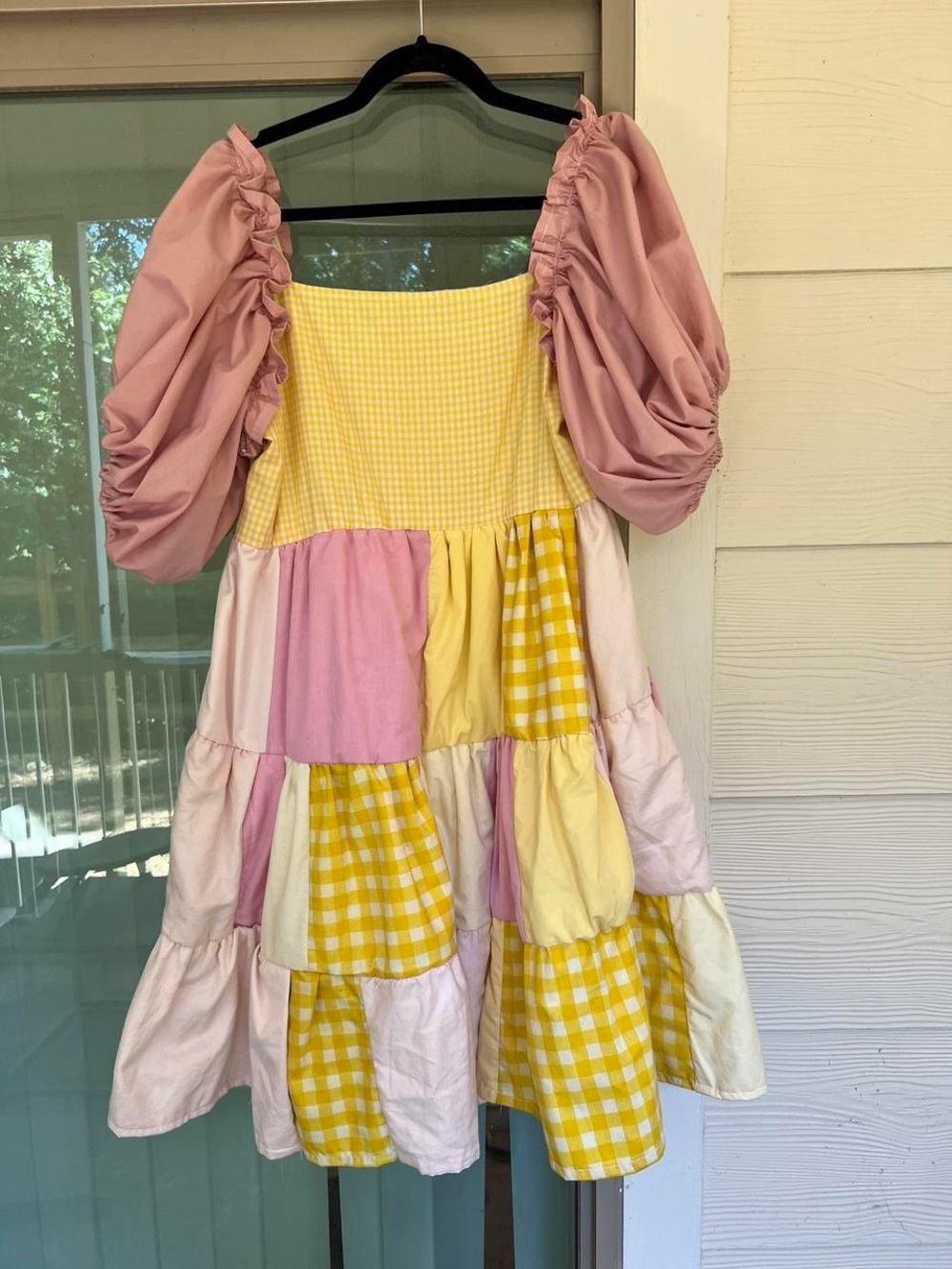 Pink & Yellow Patchwork Puff-Sleeve Casual Dress